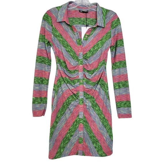 Zara Collared Shirt Dress With Ruching Multicolor Striped Size Small - Picture 4 of 11